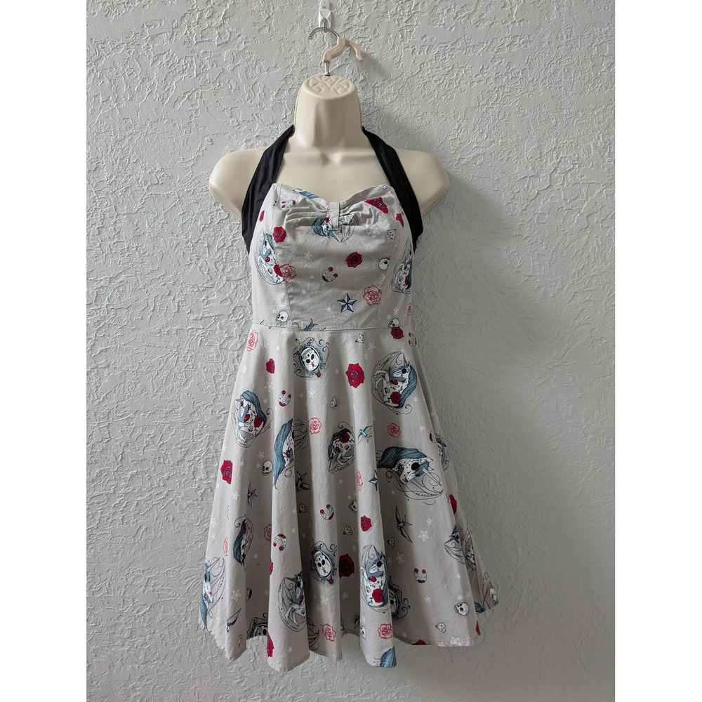 Hell Bunny Halter Dress Womens S Cotton Grey Tattoo Sugar Skull Rockabilly Pinup